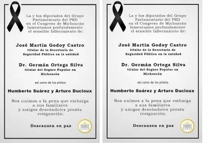 Lamentan diputados del PRD accidente en el que perdieron la vida funcionarios y pilotos